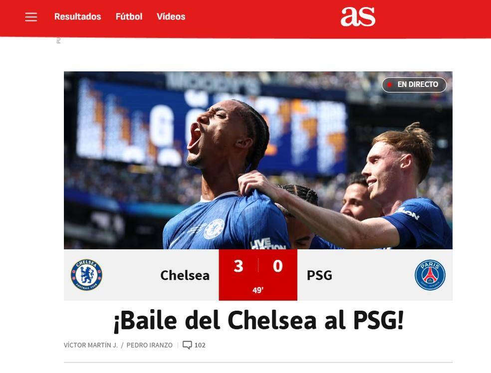 Jornal "AS" destaca o "baile" do Chelsea na final da Copa do Mundo de Clubes